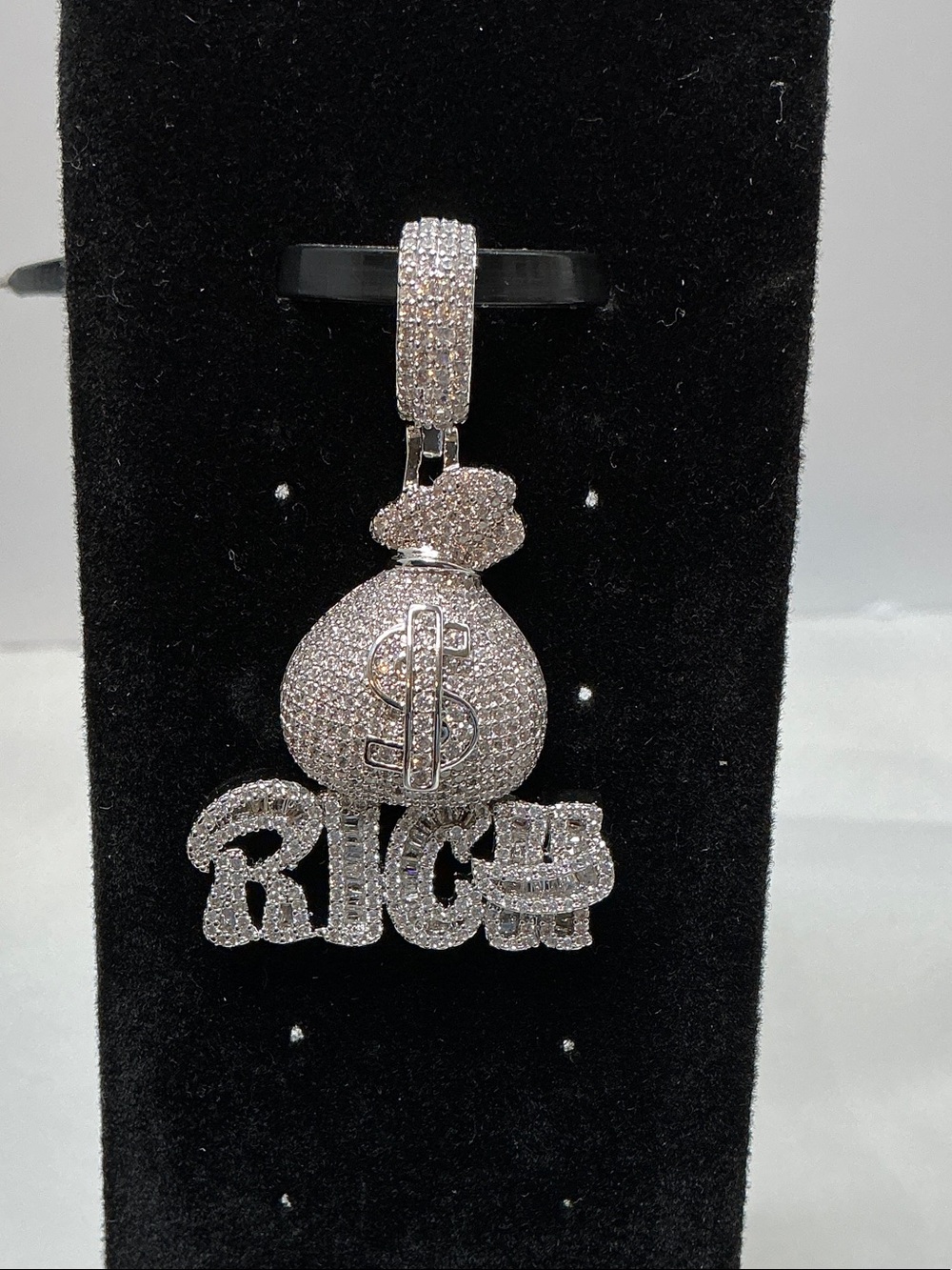 Stainless steel Money Bag Pendant w Franco necklace RICH Charm VVS Cz crystals